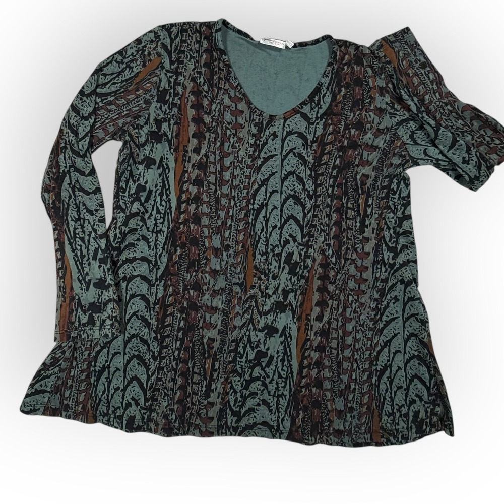 Prairie Cotton Womens‎ M V-Neck Long Sleeve Abstract Print Top Teal Brown Aztec